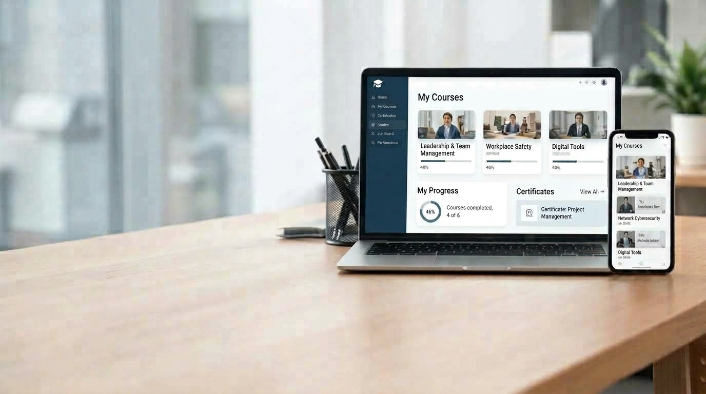 Customized Moodle platform shown on a laptop and a phone