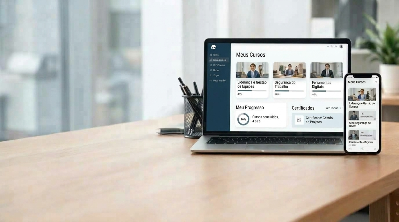 Plataforma Moodle personalizada, vista em notebook e celular