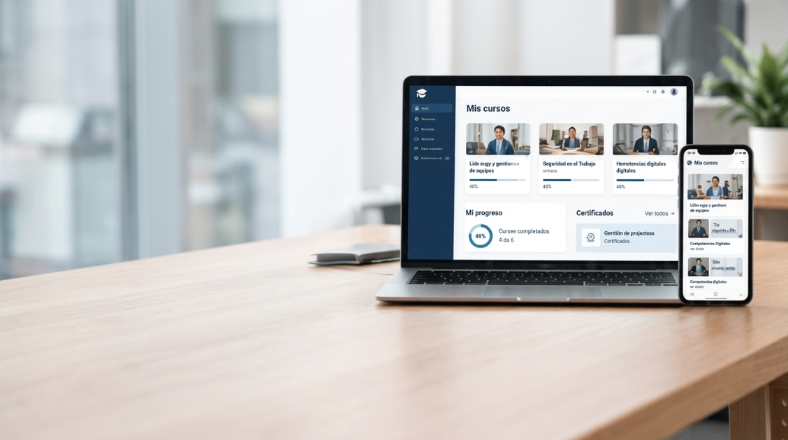 Plataforma Moodle personalizada, vista en laptop y celular