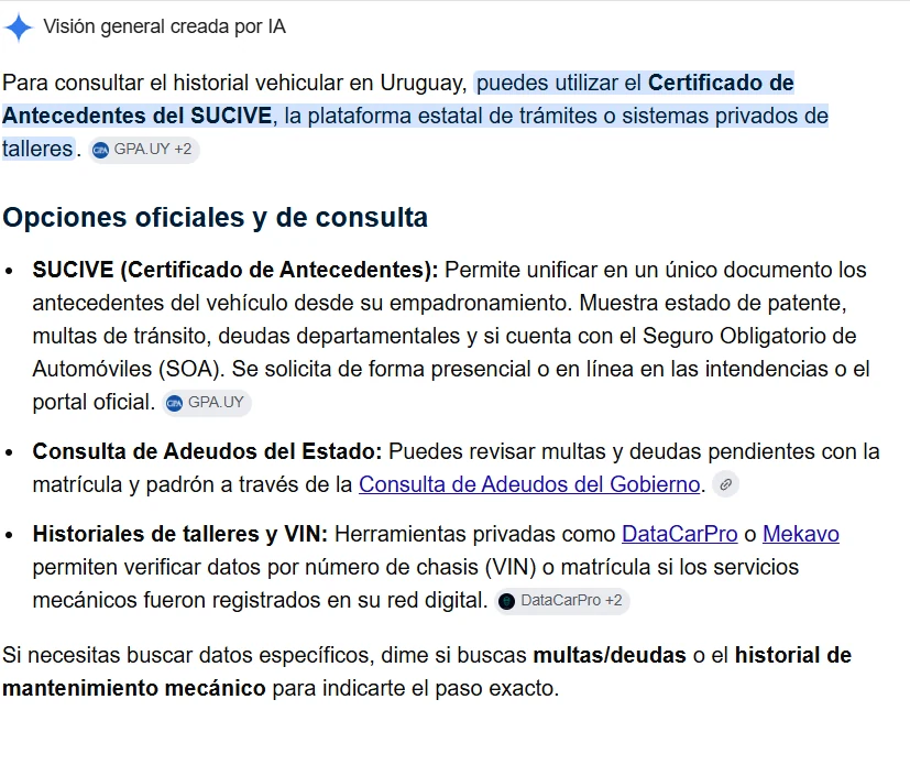 Vista general con IA de Google recomendando DataCarPro (proyecto de upnoow) junto a SUCIVE, la plataforma oficial de historial vehicular de Uruguay